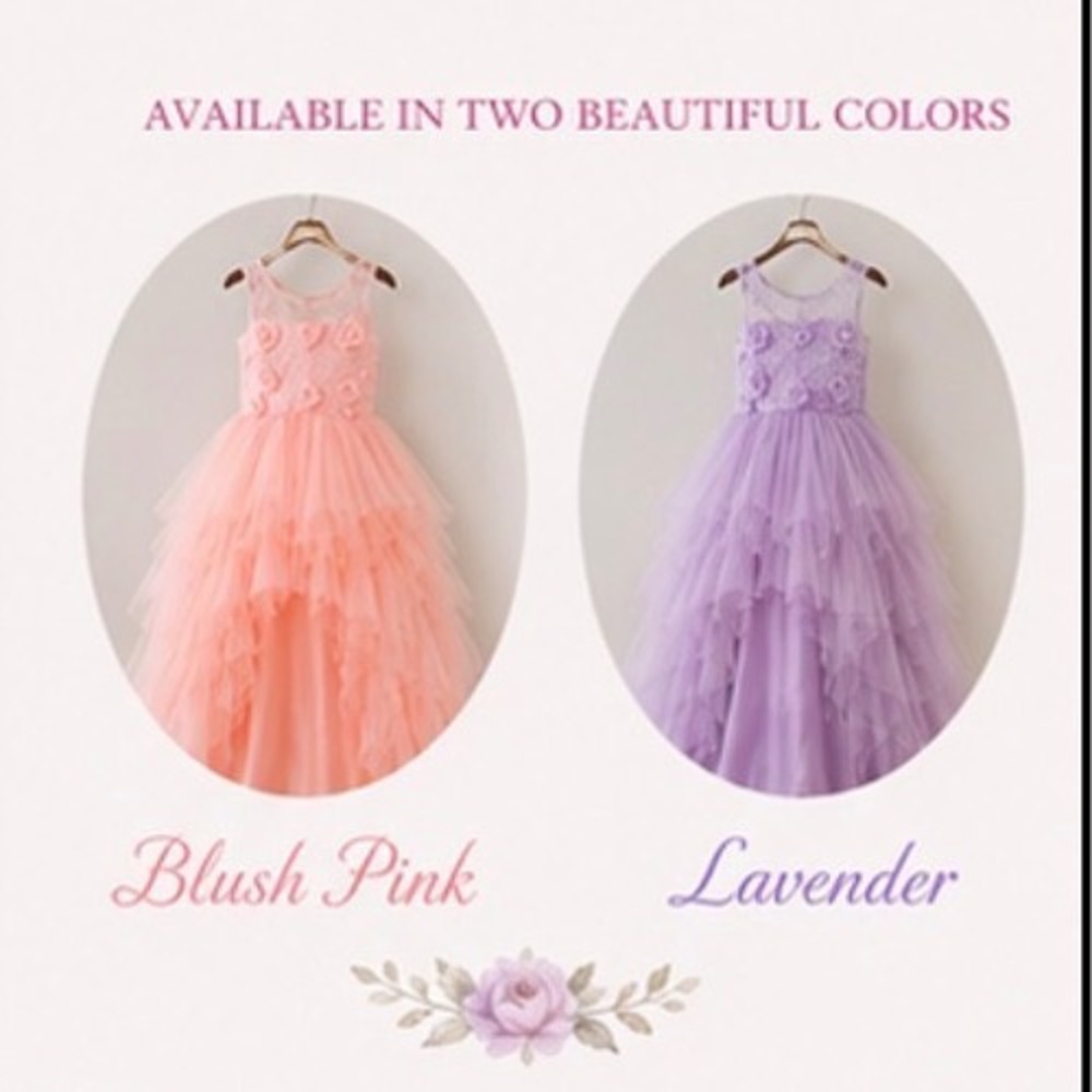 Girls Lavender High Low Flower Girl Dress Lace Tulle Pageant Wedding Train - Picture 7 of 9